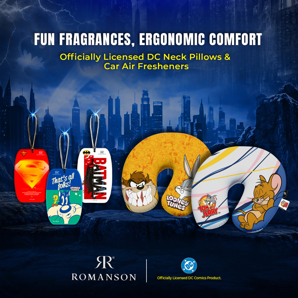 Character neck pillows and car air fresheners